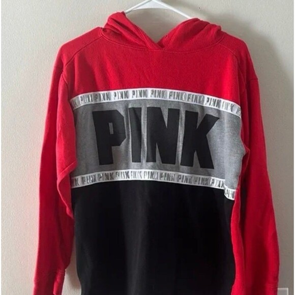 PINK red and black contrast logo hoodie - Picture 1 of 2